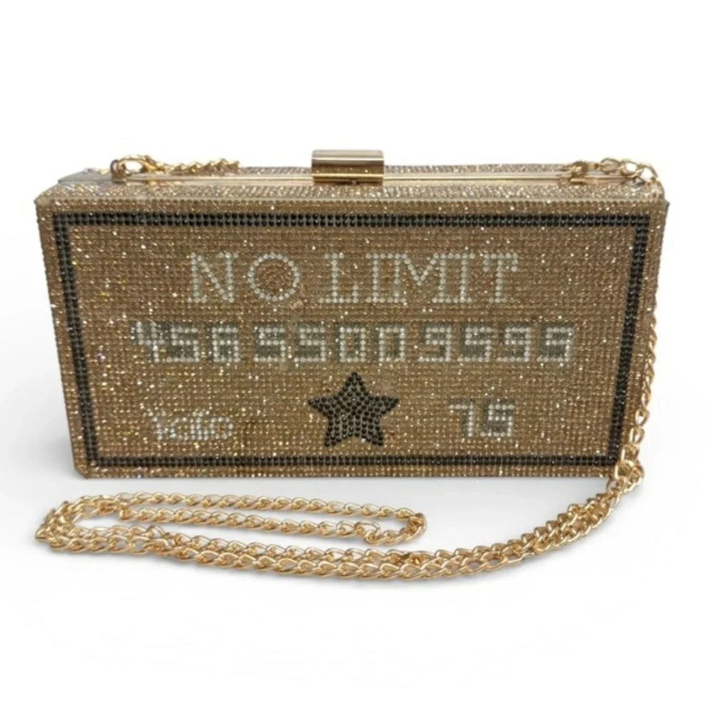 Gold Cash Rhinestone Crystal Clutch Purse No Limit Yolo Box Evening Bag